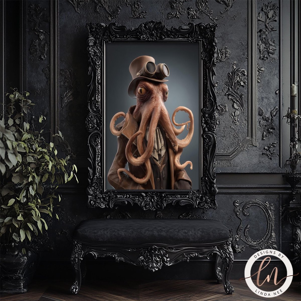 an octopus wearing a top hat and goggles, standing in a black ornate frame against a dark background.