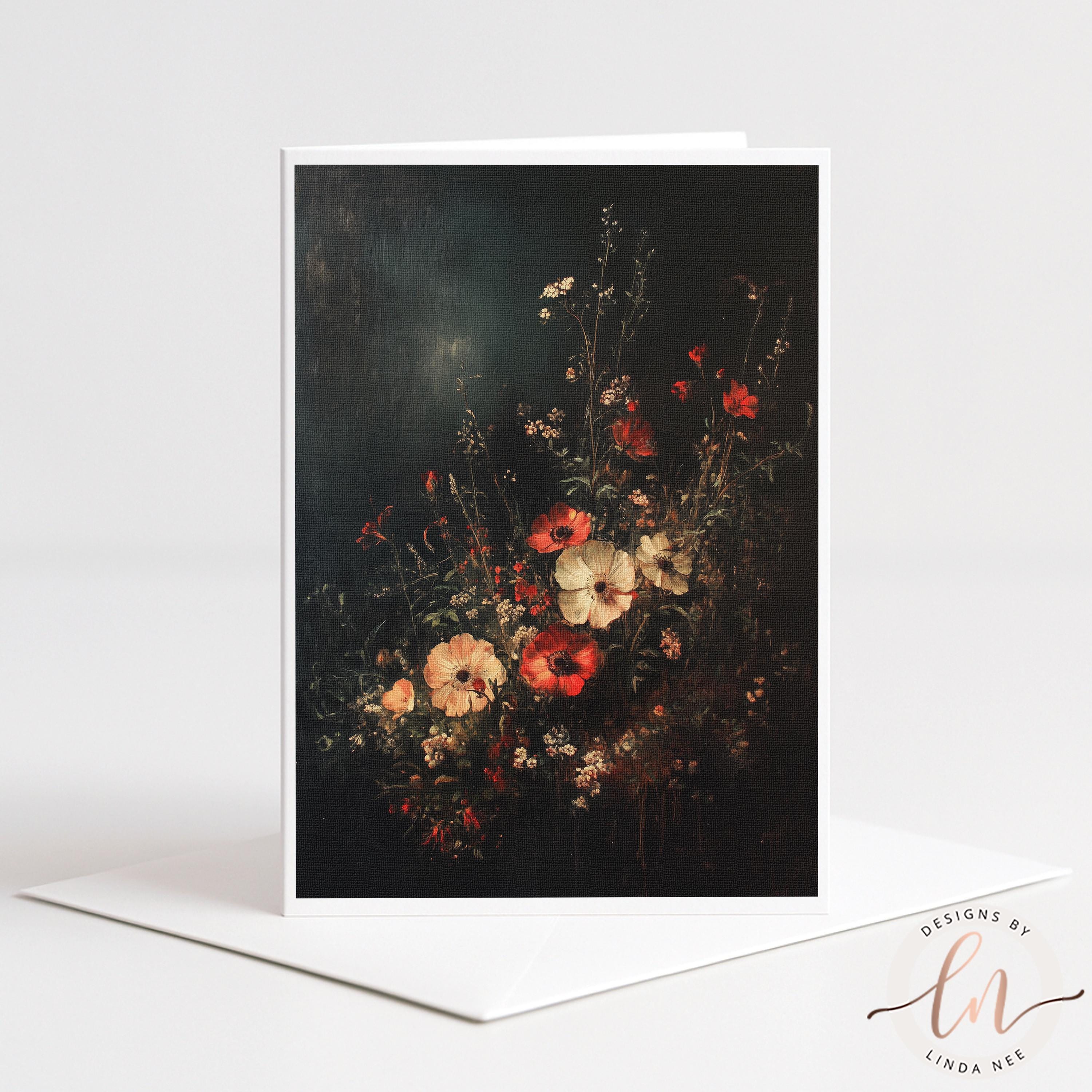 The image is a painting of a bouquet of flowers, including red, white, and yellow flowers, set against a dark background.