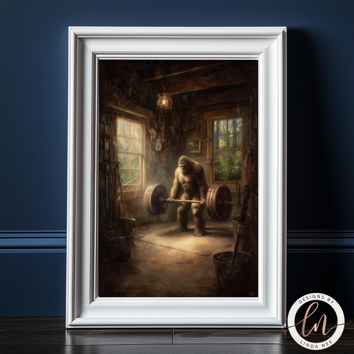 a large, furry creature lifting a heavy weight in a dimly lit room with wooden walls and a window.