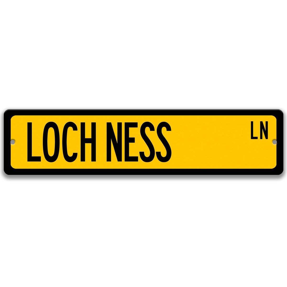 Loch Ness metal street sign with a yellow background reading LOCH NESS LN