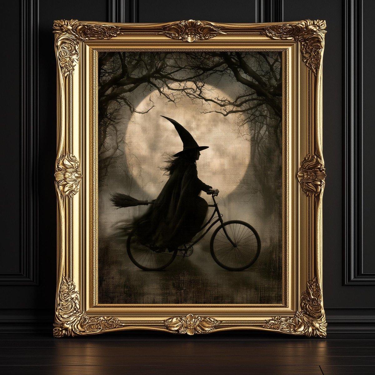 Witch riding a bicycle wall art through a moonlit forest