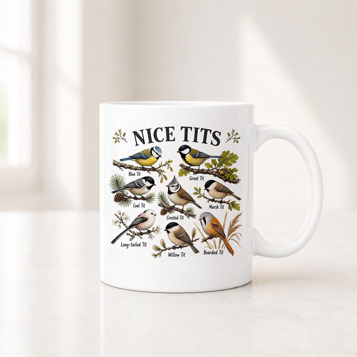 11 oz white Nice Tits bird chart mug with small painted birds and their names arranged in rows