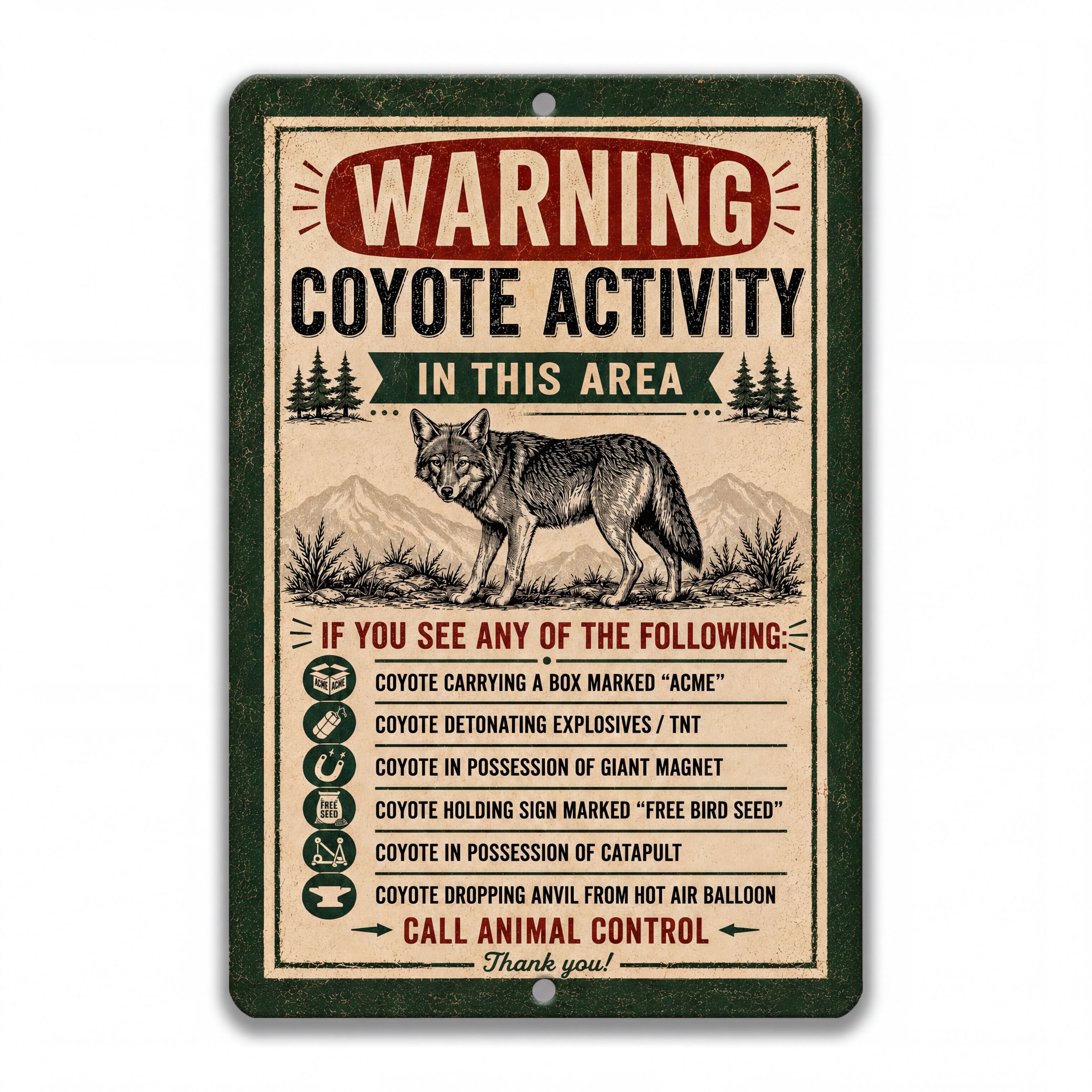 The image is a warning sign about the presence of coyotes in the area, providing information about how to respond in case of a coyote encounter.
