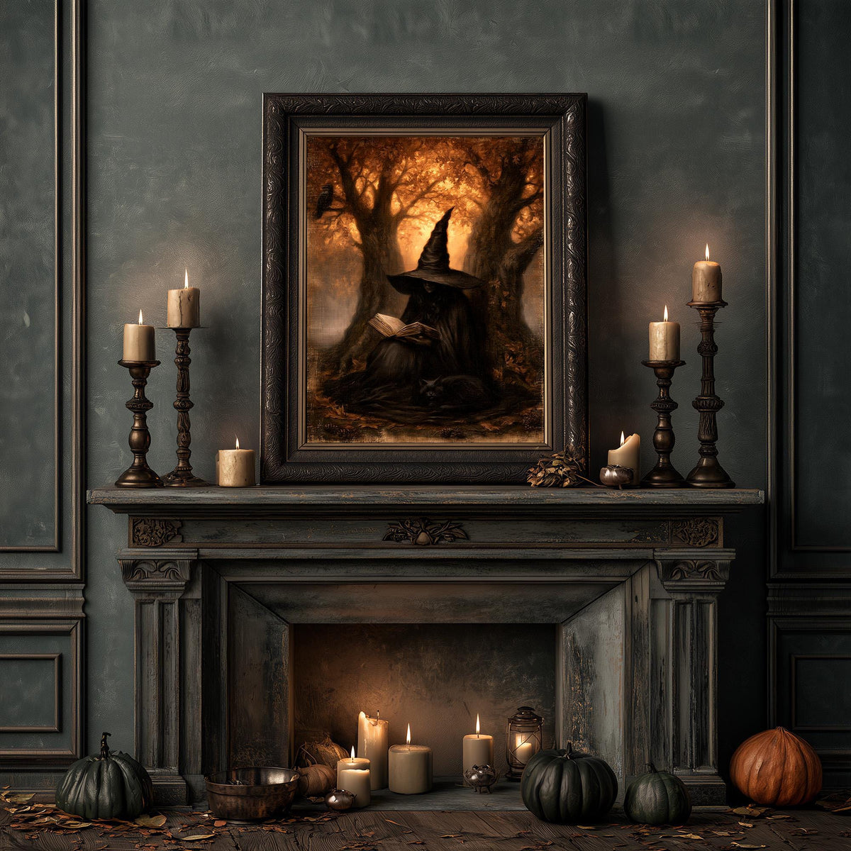 Witchcore wall art above a display of candles and small autumn pumpkins