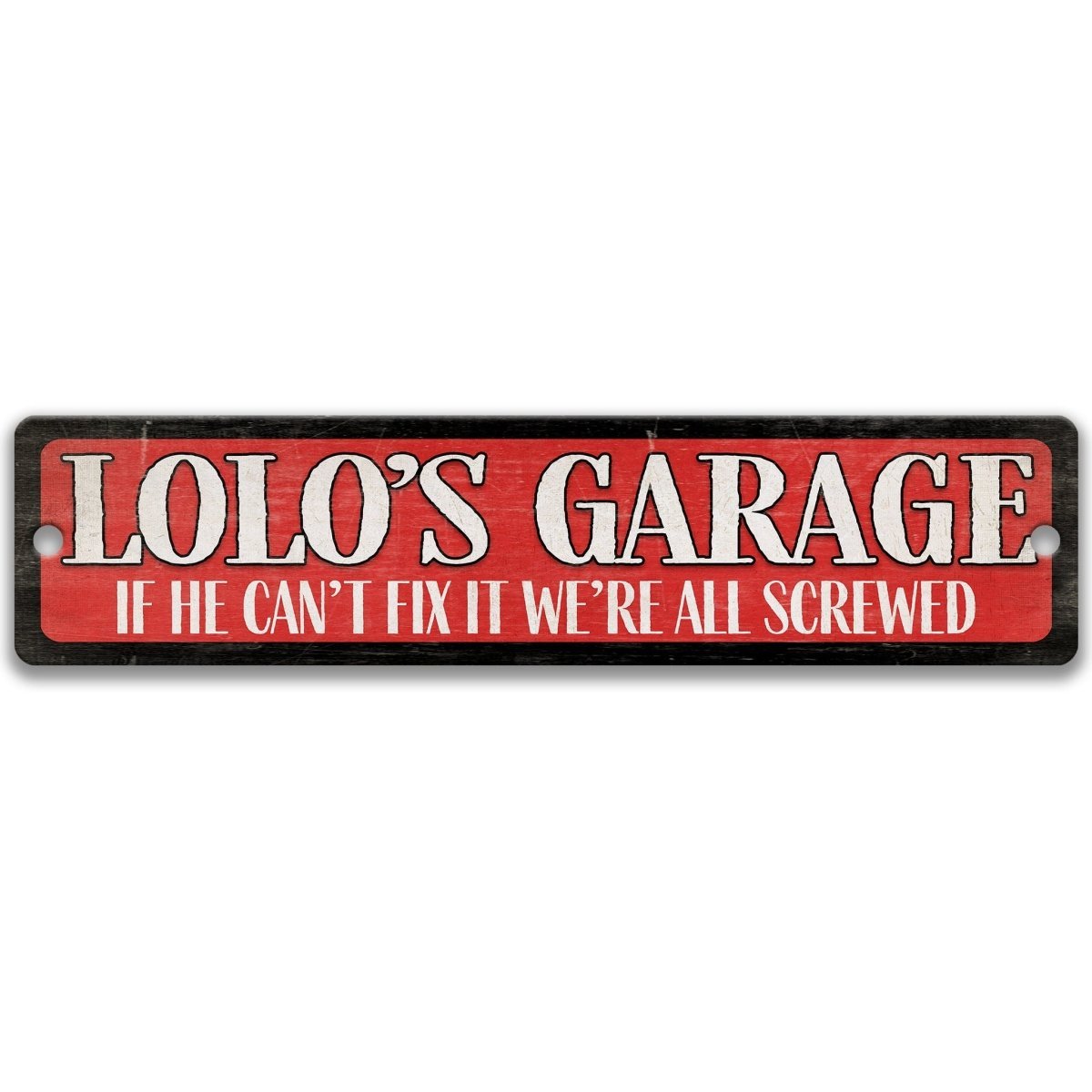 a sign with the text "LOLO'S GARAGE" in bold, white letters on a red background.