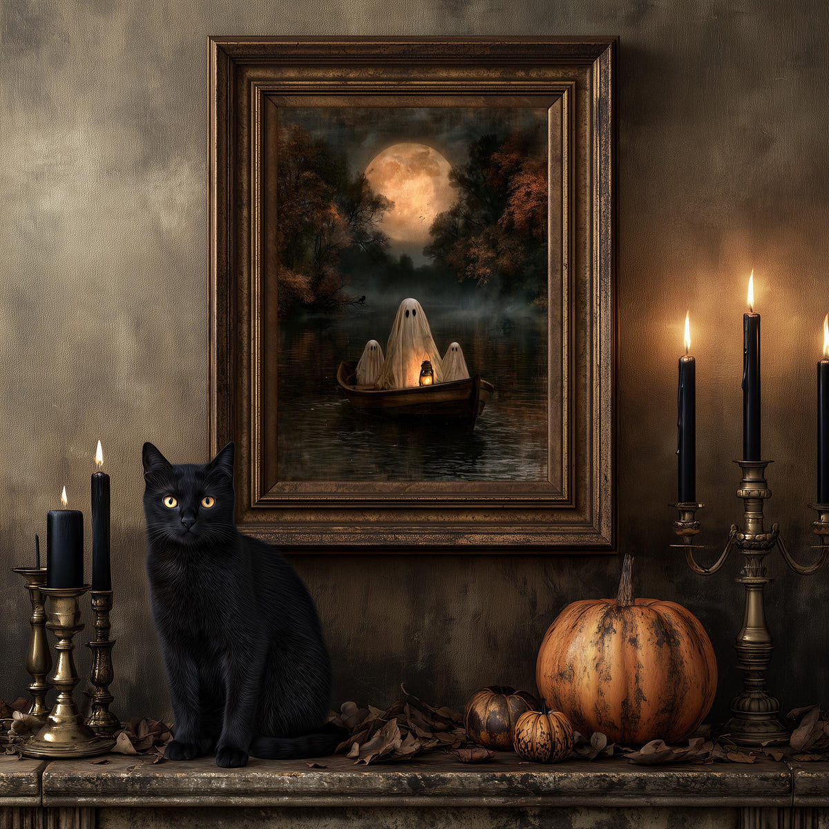 Black cat on a mantel below the ghost rowboat art print and Halloween decorations