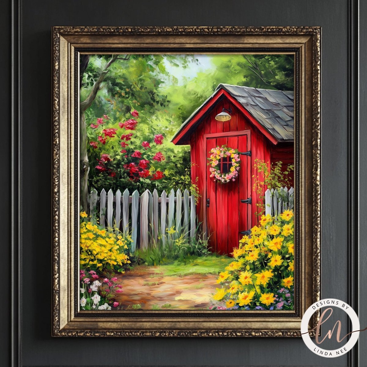 A framed painting depicting a red wooden shed surrounded by a lush garden filled with vibrant flowers and greenery.