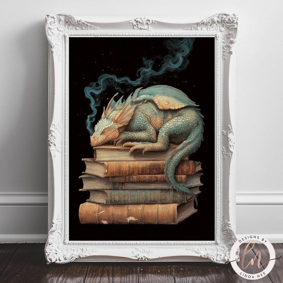 A framed artwork depicting a sleeping dragon perched atop a stack of books, with a trail of smoke emanating from its head.