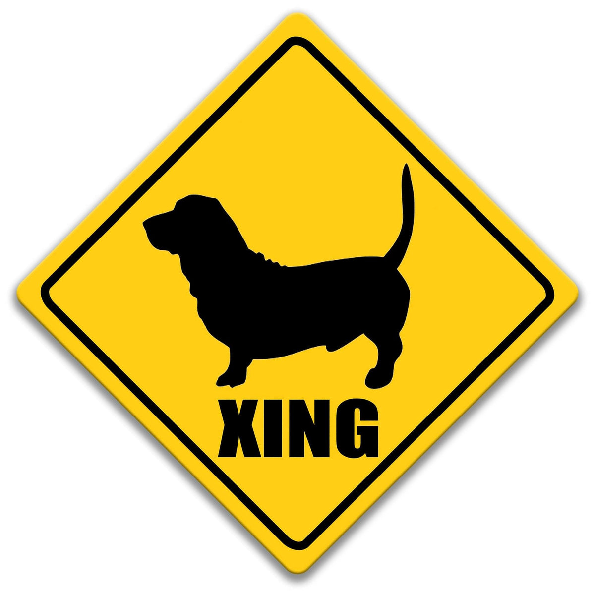 A yellow diamond-shaped sign with a black silhouette of a dog and the word "XING" below it.