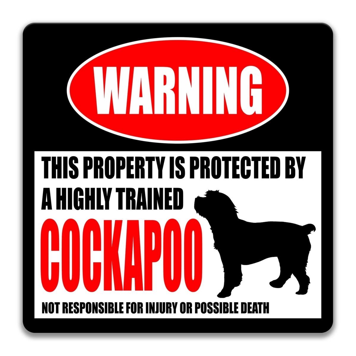 Cockapoo warning sign, red WARNING banner and large Cockapoo dog silhouette, funny Cockapoo lover gift, aluminum with rounded corners