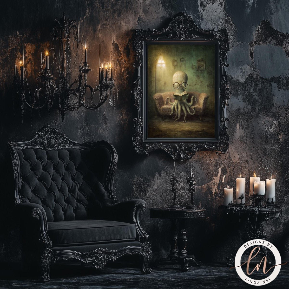 a dark, gothic-style room with a large painting of an octopus on the wall, a chandelier, a black armchair, and a table with candles.