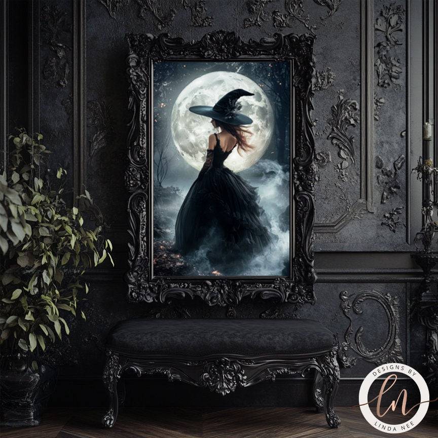 Witch in the misty forest artwork shown against a plain dark background