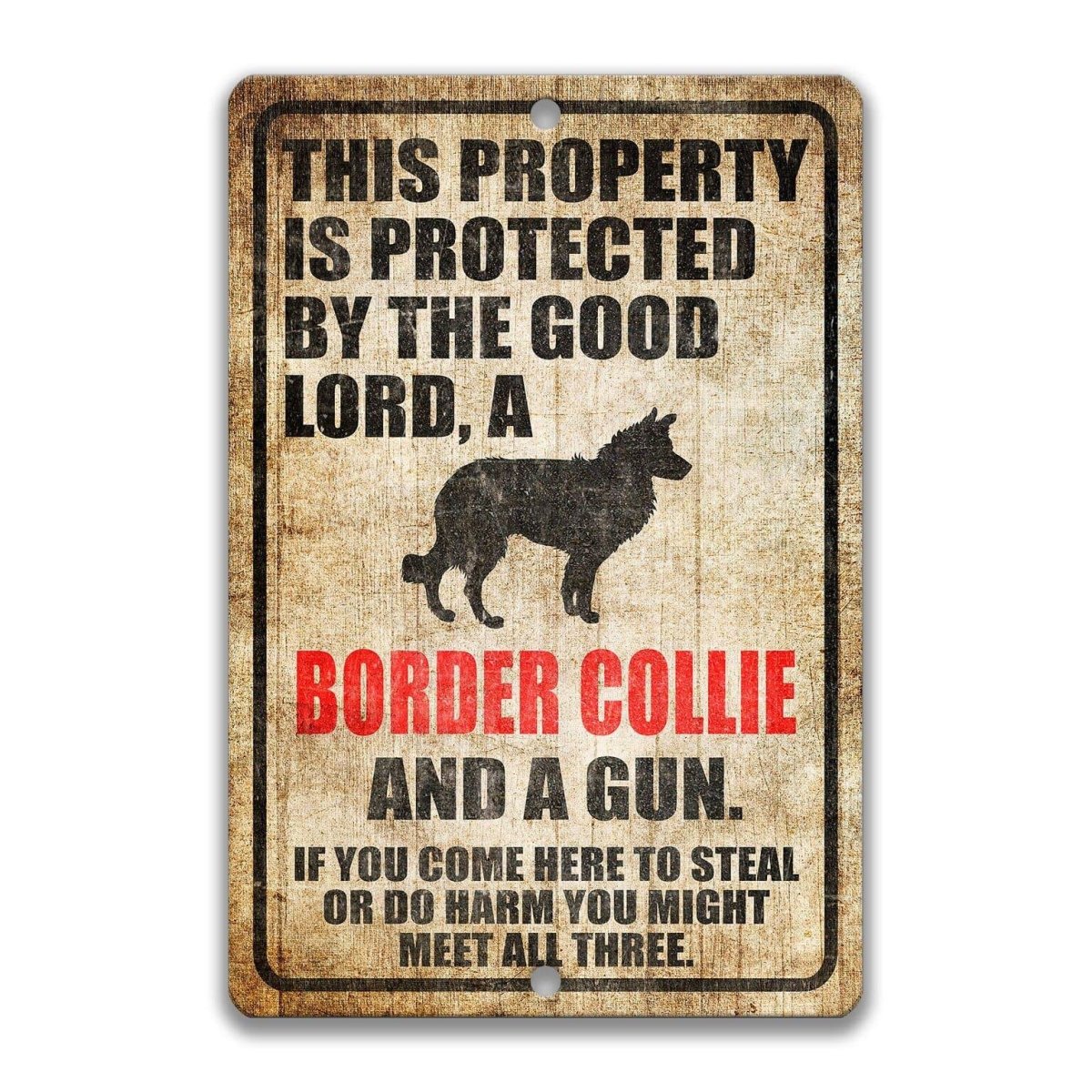 The image is a sign that warns people about the presence of a Border Collie and a gun. It also mentions that if someone comes to steal or harm, they might encounter the dog and the gun.
