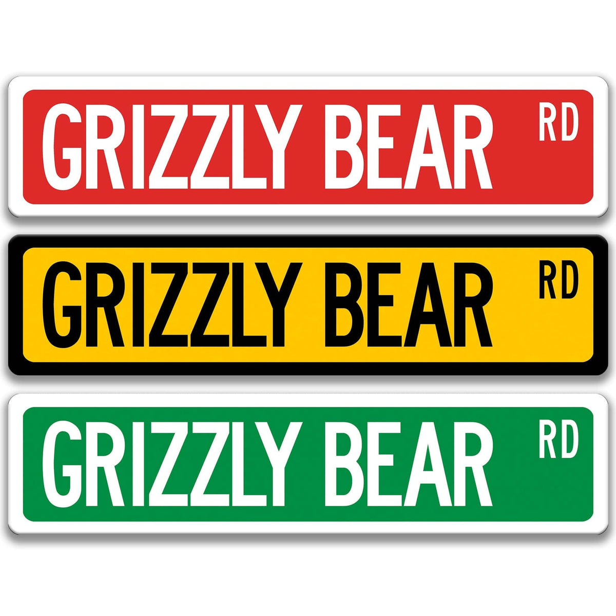 Grizzly Bear metal street sign shown in red, yellow, and blue background colors