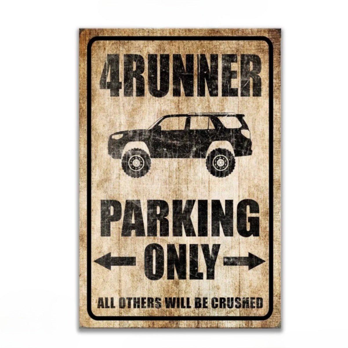The image is a wooden sign with a black and white illustration of a 4-runner vehicle, indicating that only 4-runner vehicles are allowed to park in the designated area.