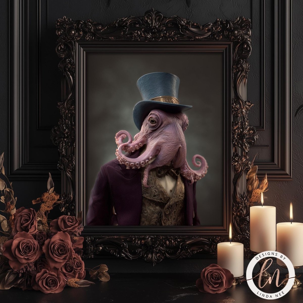 an octopus wearing a top hat and a purple suit, standing in a black ornate frame. The frame is surrounded by candles and roses, creating a romantic and mysterious atmosphere.