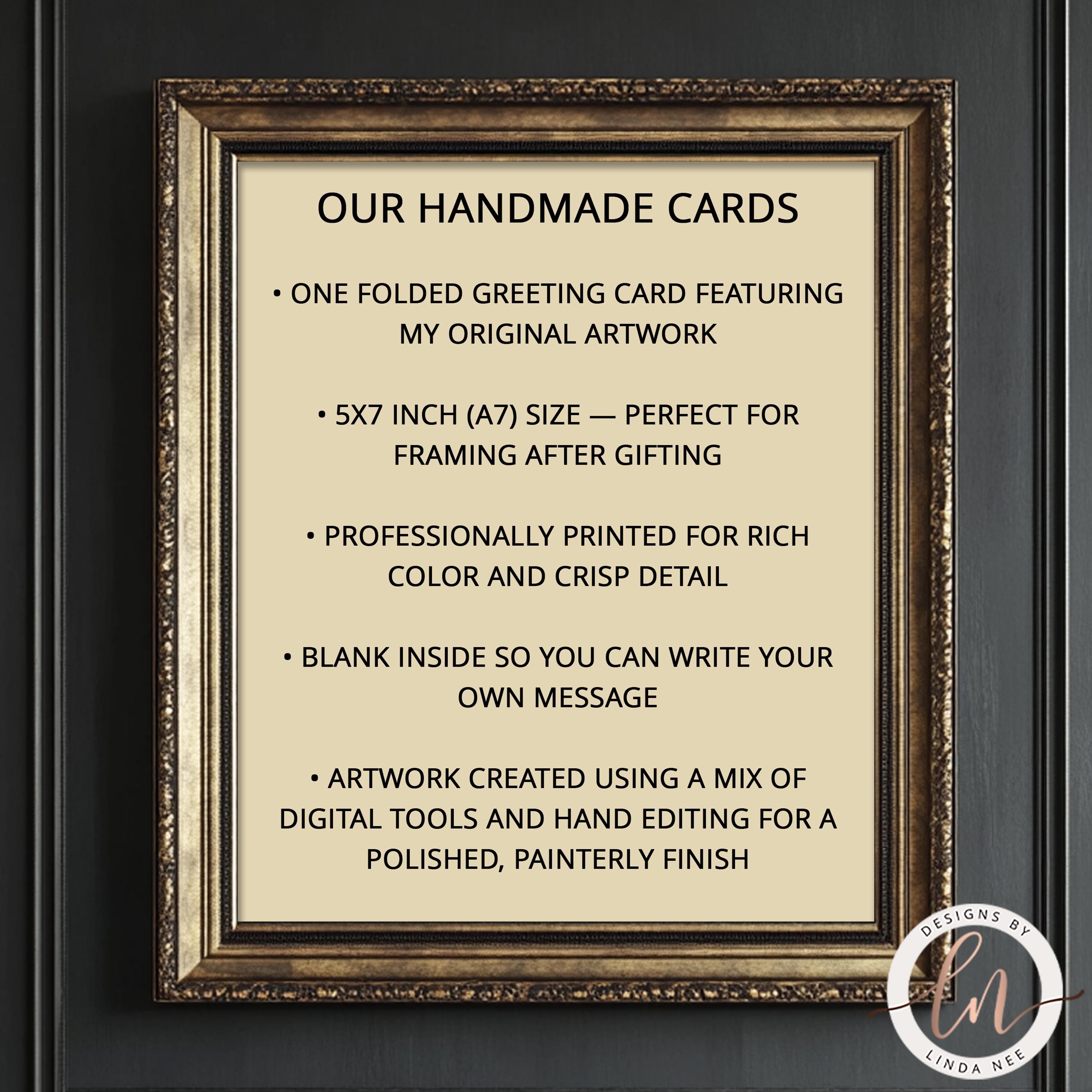 Framed description of handmade cards with gold frame and black text on a dark background
