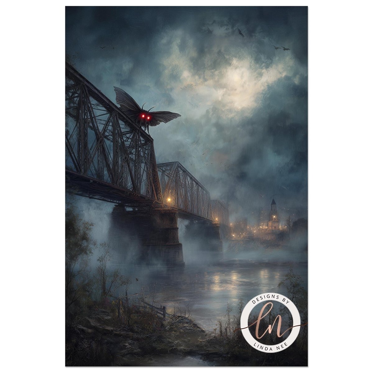 a dark, mysterious scene with a large, glowing butterfly perched on a bridge, surrounded by a misty, atmospheric landscape.