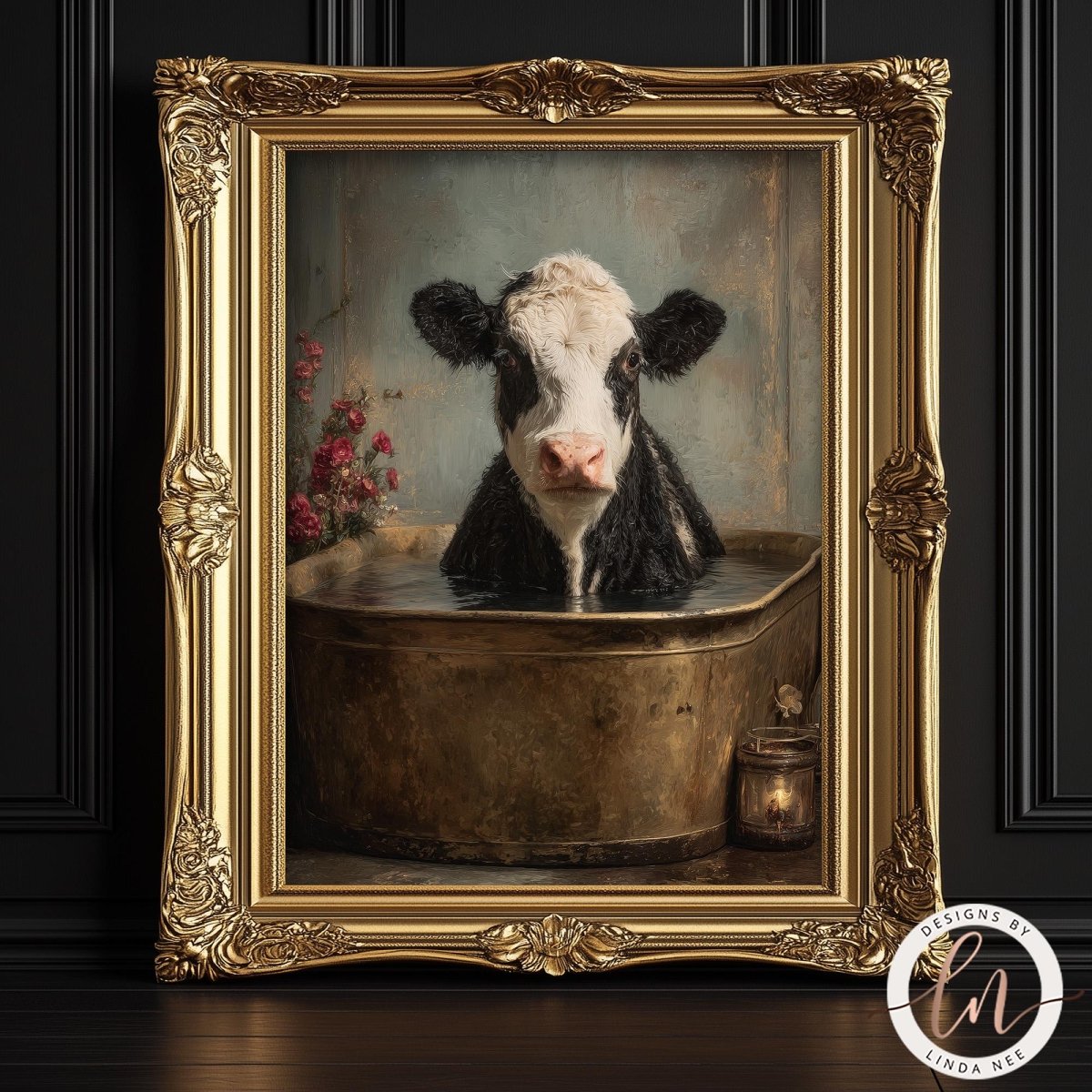 A black and white cow is sitting in a large metal tub, surrounded by flowers and a candle, in an ornate gold frame.