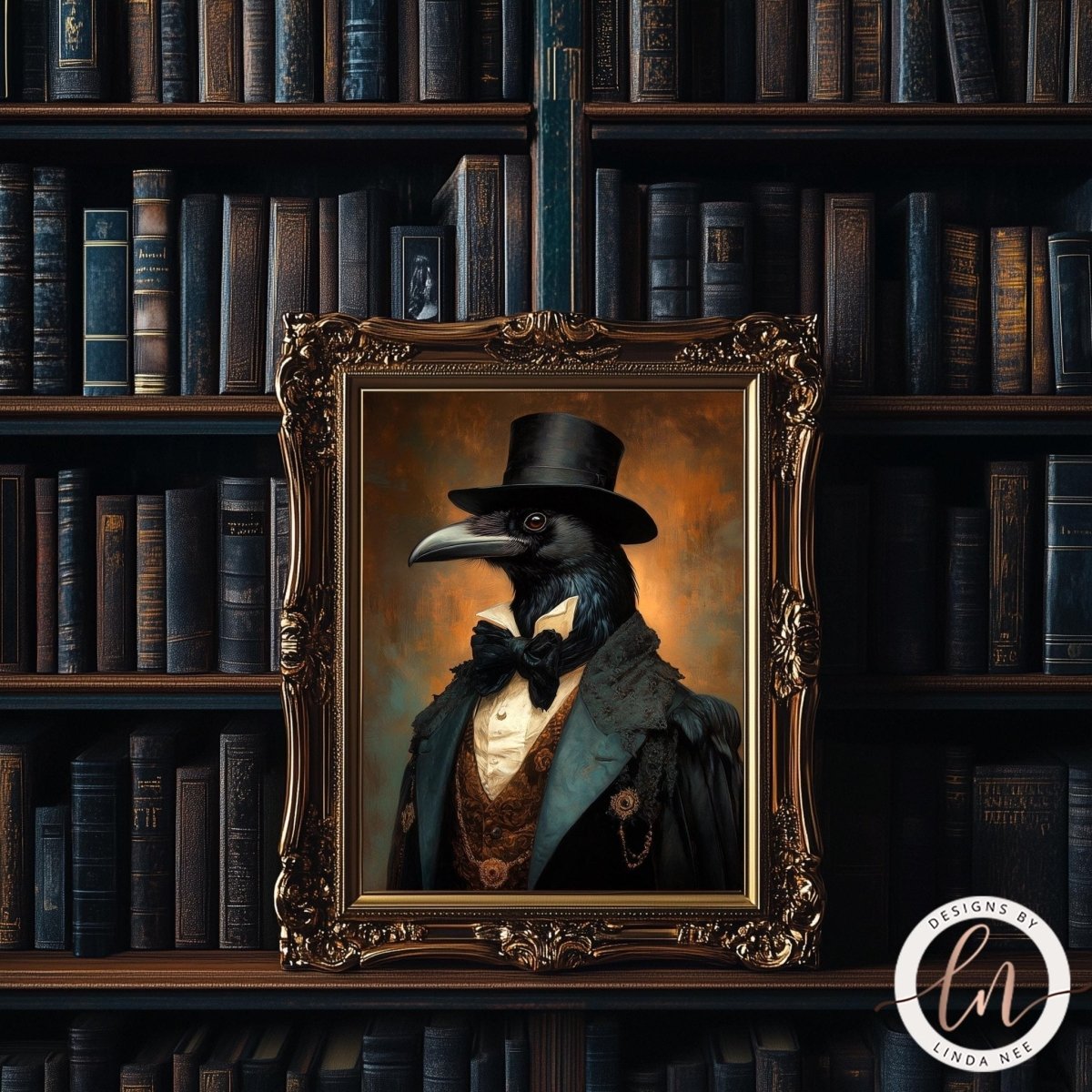 Raven in top hat and coat print shown with a bookshelf background