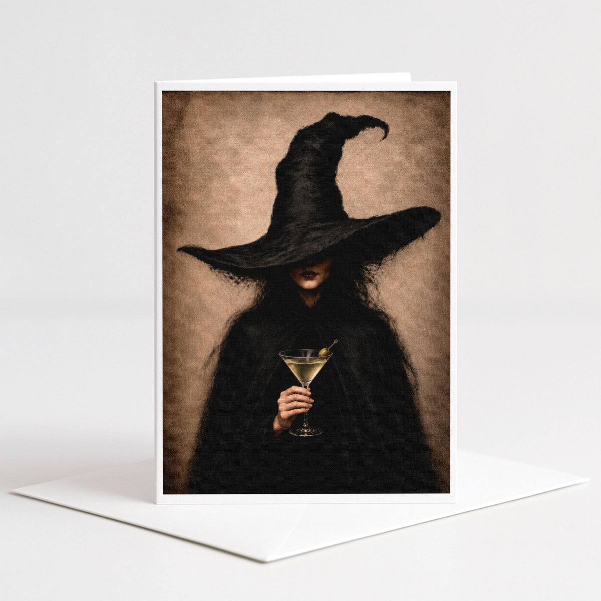 Witch in a wide black hat holding a martini glass, 5x7 blank note card by Designs by Linda Nee