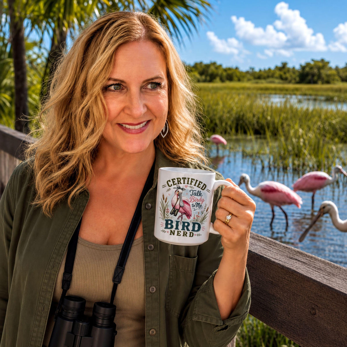 Smiling woman with binoculars holding the spoonbill mug on a marsh boardwalk with roseate spoonbills behind her