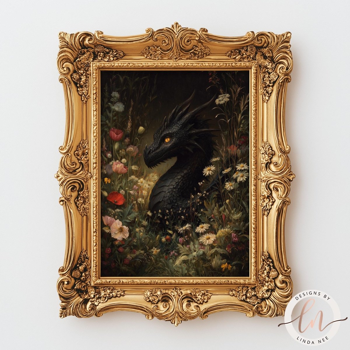 a large, ornate gold frame surrounding a painting of a black dragon surrounded by flowers and foliage.