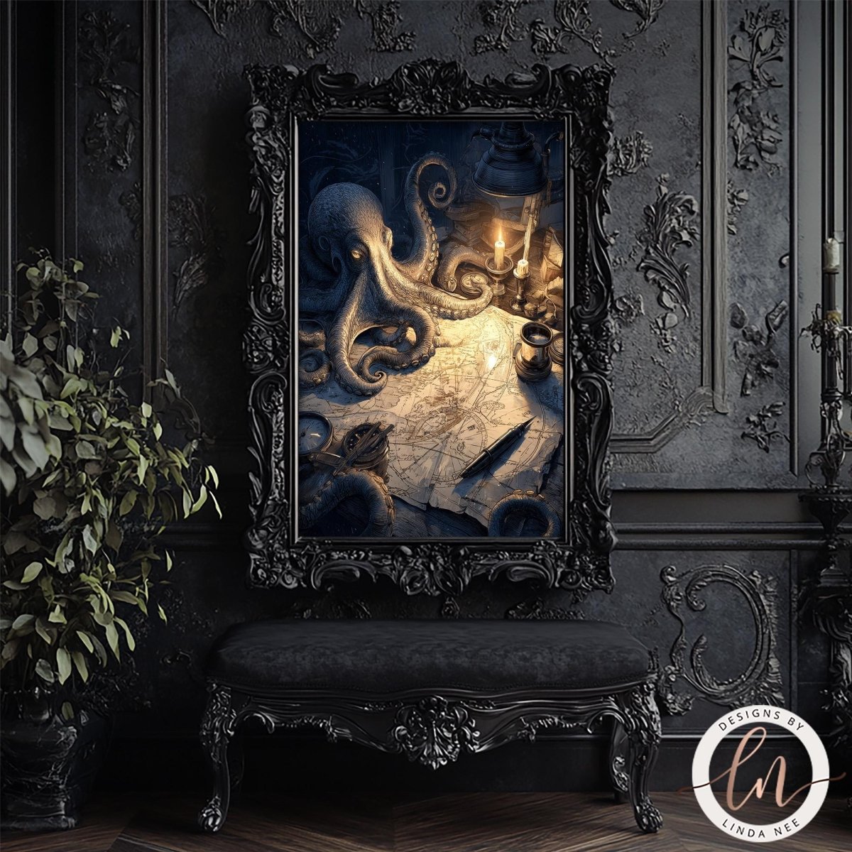 an octopus in a dark, ornate frame, with a map and a candle in the background, creating an intriguing and mysterious scene.
