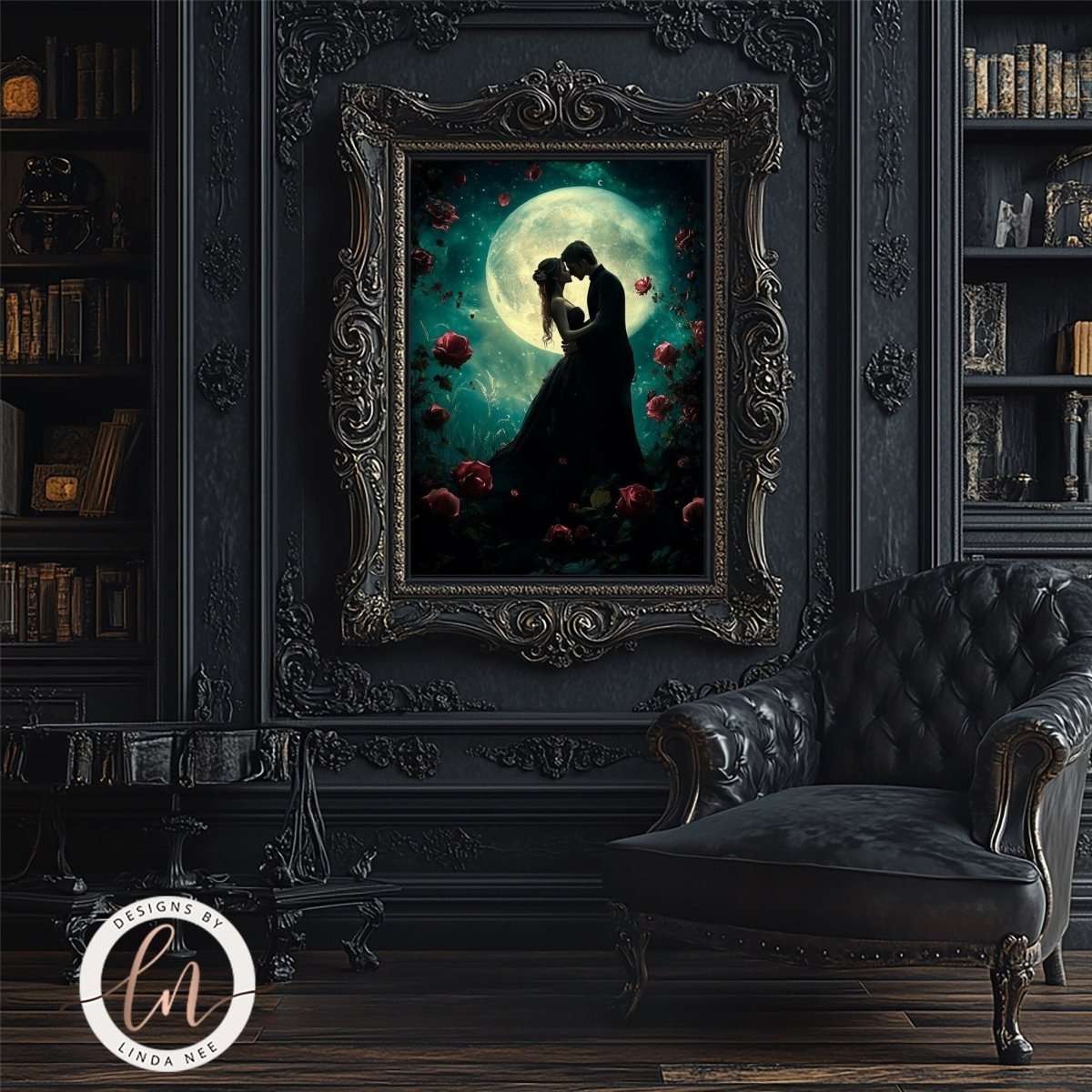 Moonlit couple artwork shown in a room with a leather armchair