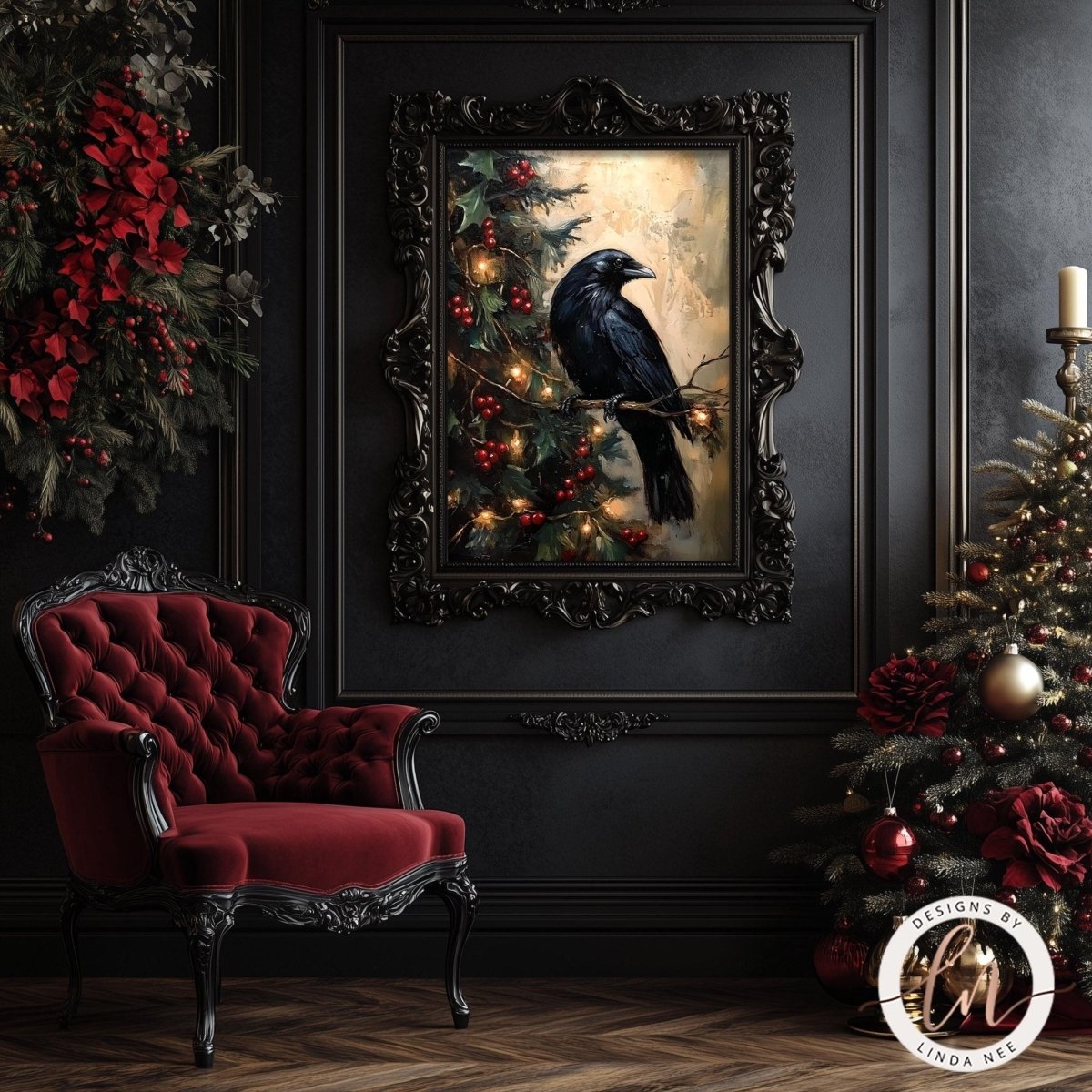 Gothic crow artwork displayed on a dark wall above a red velvet armchair