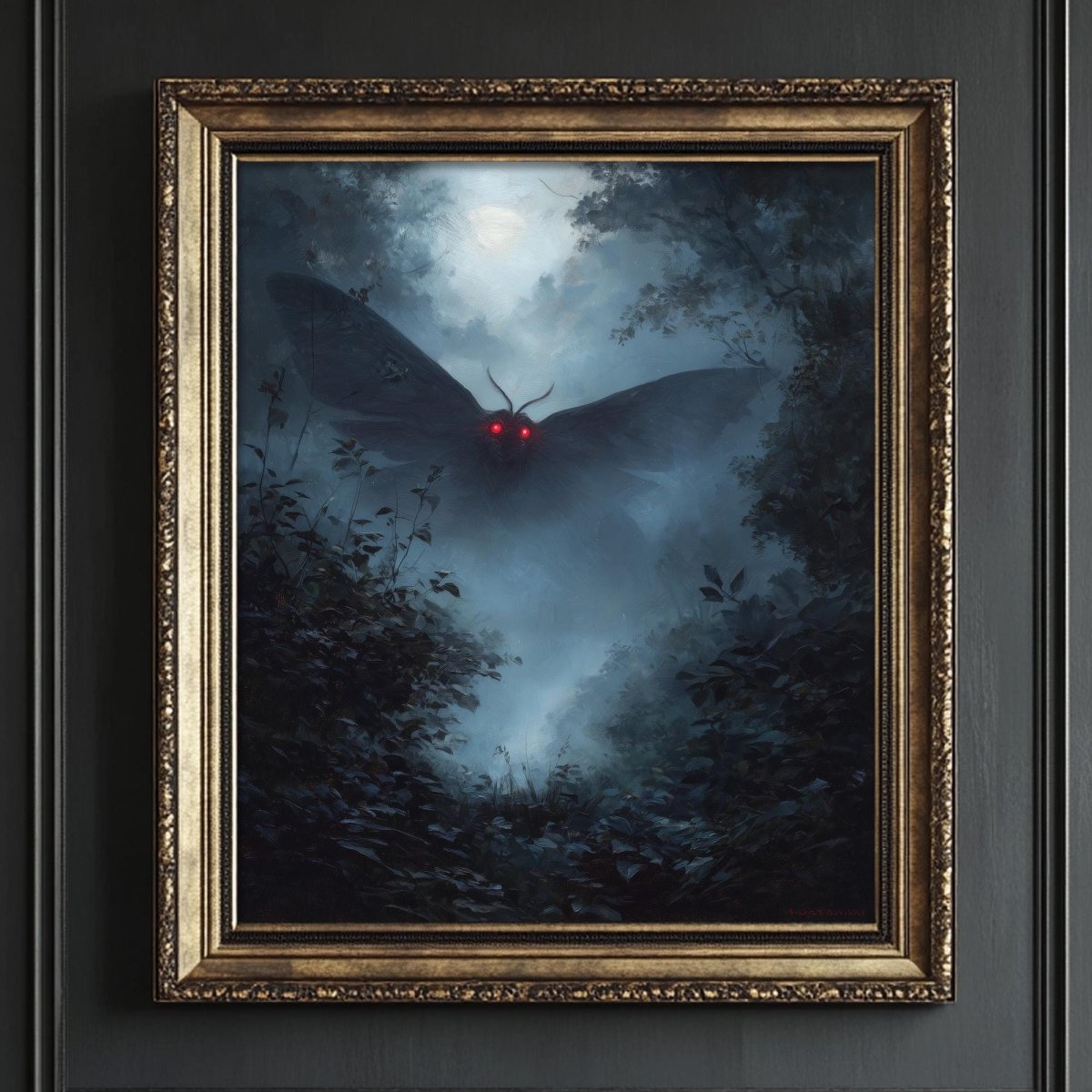 Atmospheric Mothman wall art showing a large dark winged cryptid with glowing red eyes flying through a foggy moonlit forest.