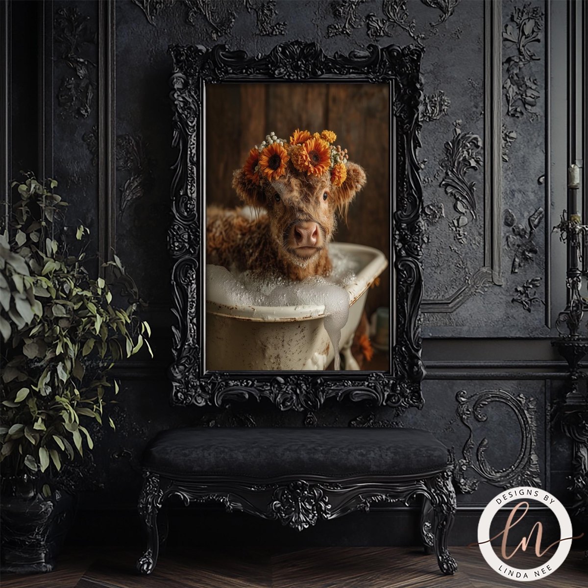 A framed photograph of a cow with a flower crown on its head, sitting in a bathtub, is displayed on a dark wall.