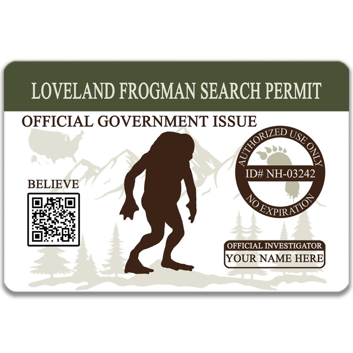 The image is a sticker or permit for a Loveland Frogman search permit, featuring a silhouette of a creature and a QR code.