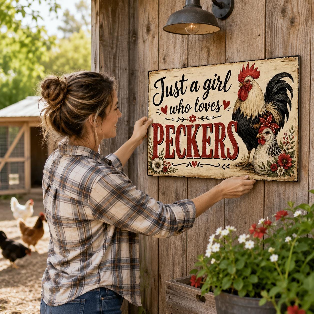 A woman is hanging a sign on a wooden wall that says "Just a girl who loves Peckers".