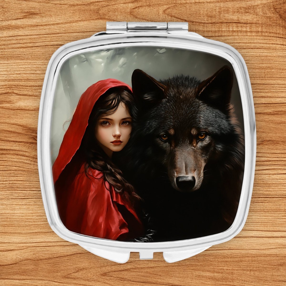 A woman in a red hooded cloak stands next to a large black wolf in a forest setting.