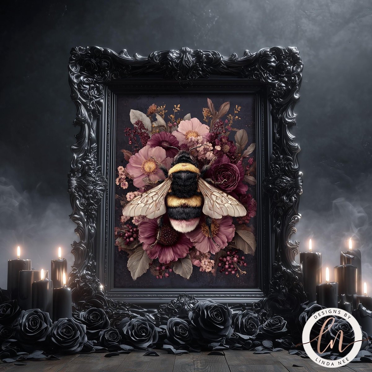 a large, ornate black frame with a painting of a bee surrounded by a vibrant floral arrangement. The frame is set against a dark background, with candles and roses scattered around it.