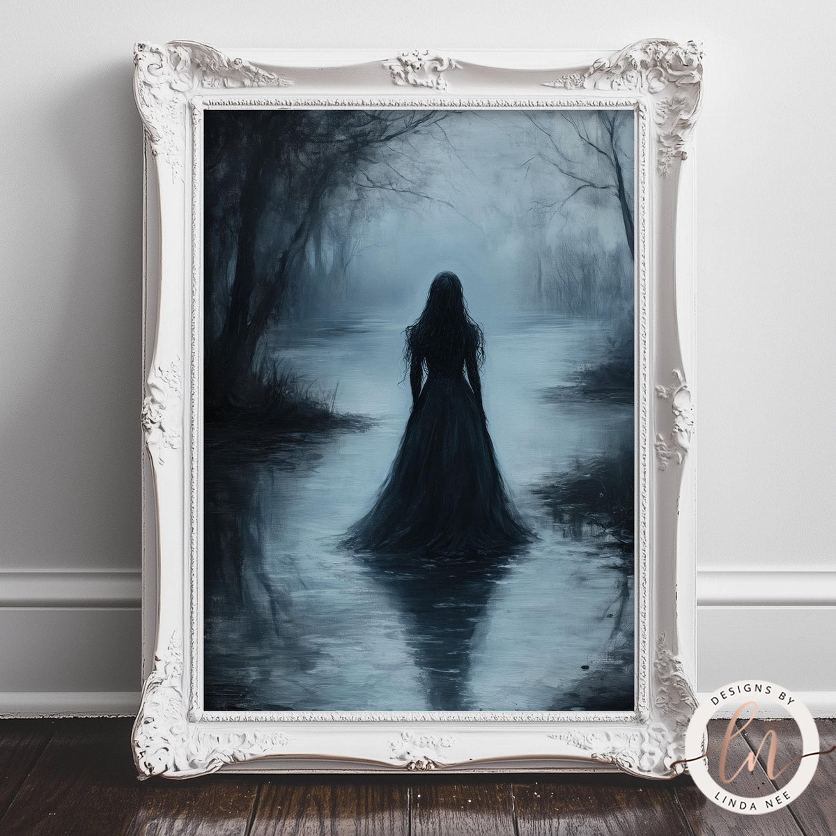 The image is a painting of a woman in a long black dress standing in a misty forest, with a serene and ethereal atmosphere.