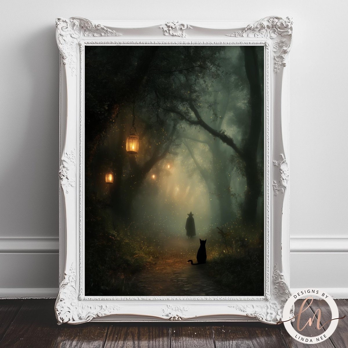 A black cat sits on a path in a misty forest, with a lantern hanging from a tree and another cat following behind.