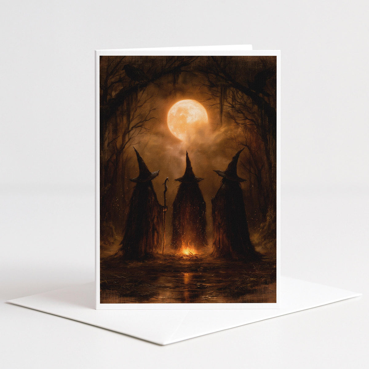 Three witches gathered around a fire under a full moon, 5x7 blank note card