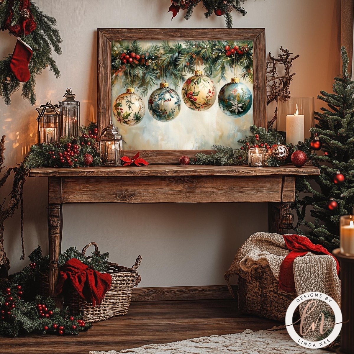 Vintage ornament wall art styled on a table with candles and a basket