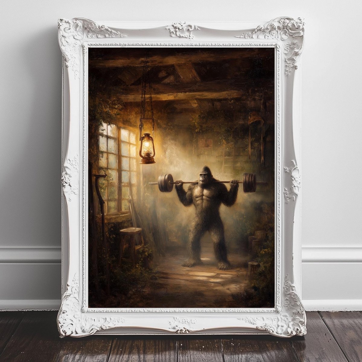 Bigfoot lifting a barbell at a rustic home gym squat rack