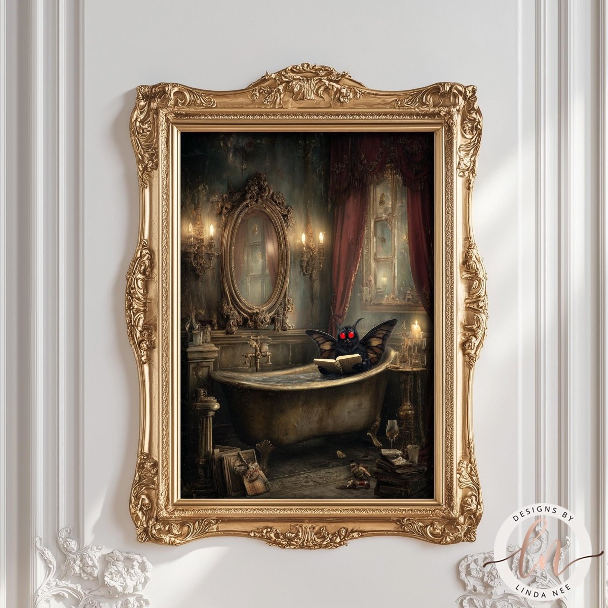 The image is a framed painting depicting a bat resting on a bathtub in a luxurious bathroom setting.