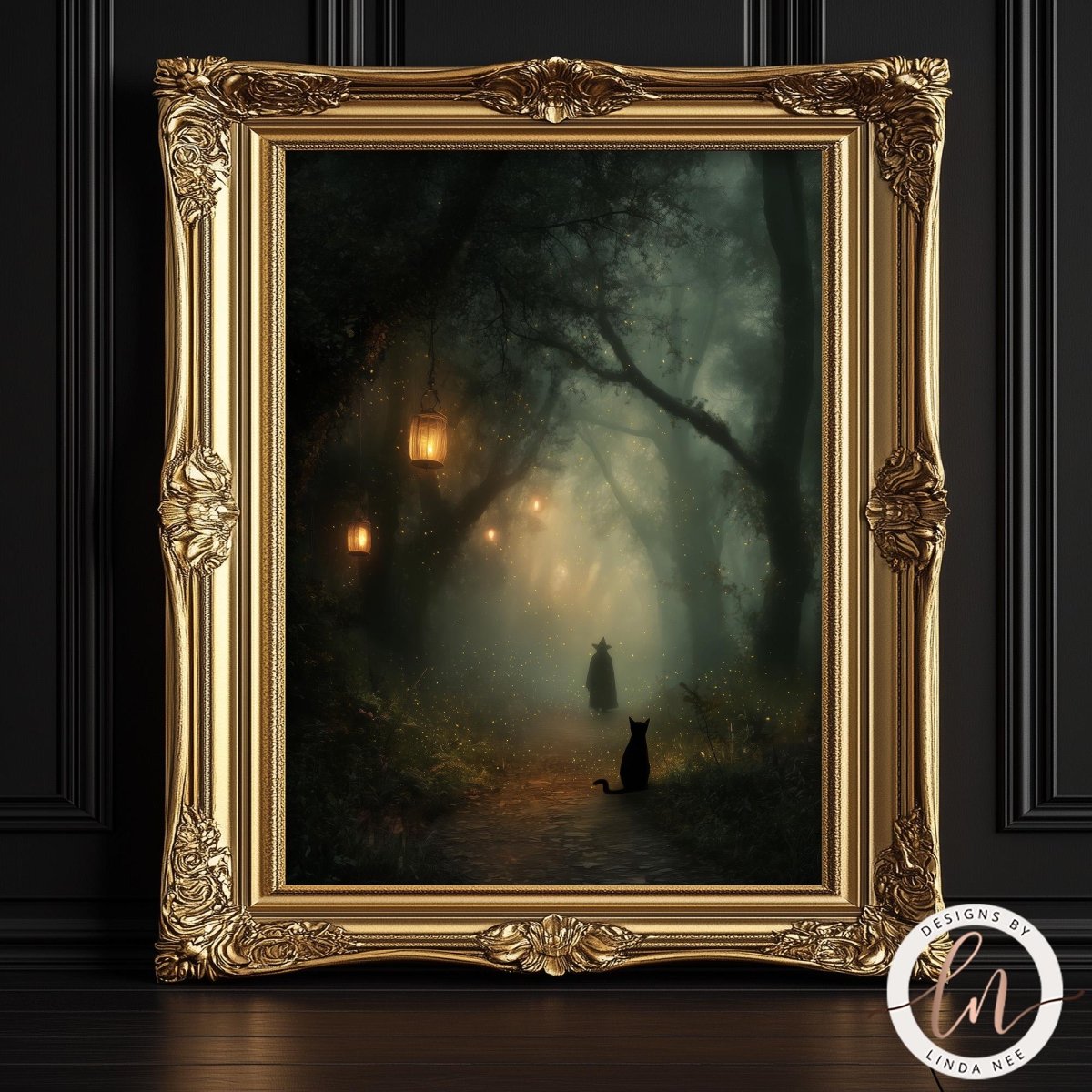 A moody fine art image of a dark, foggy forest path at night. Glowing lanterns hang from twisted tree branches, illuminating a shadowy figure in a witch's hat walking into the distance. A black cat sits in the foreground, facing away and looking down the path. Light sparkles like fireflies are scattered throughout the misty air.