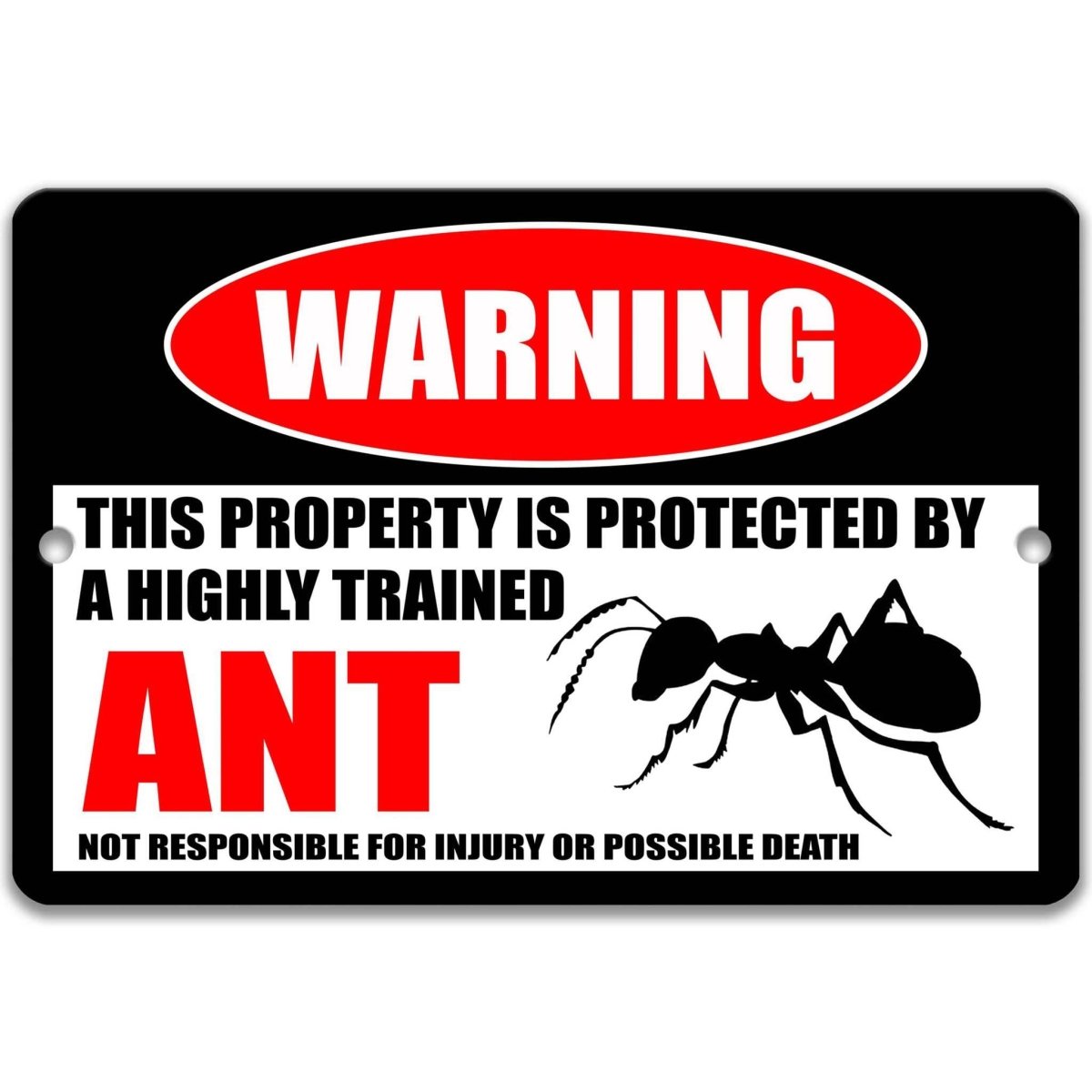 Ant warning metal sign, glossy black, red WARNING oval and large ant silhouette