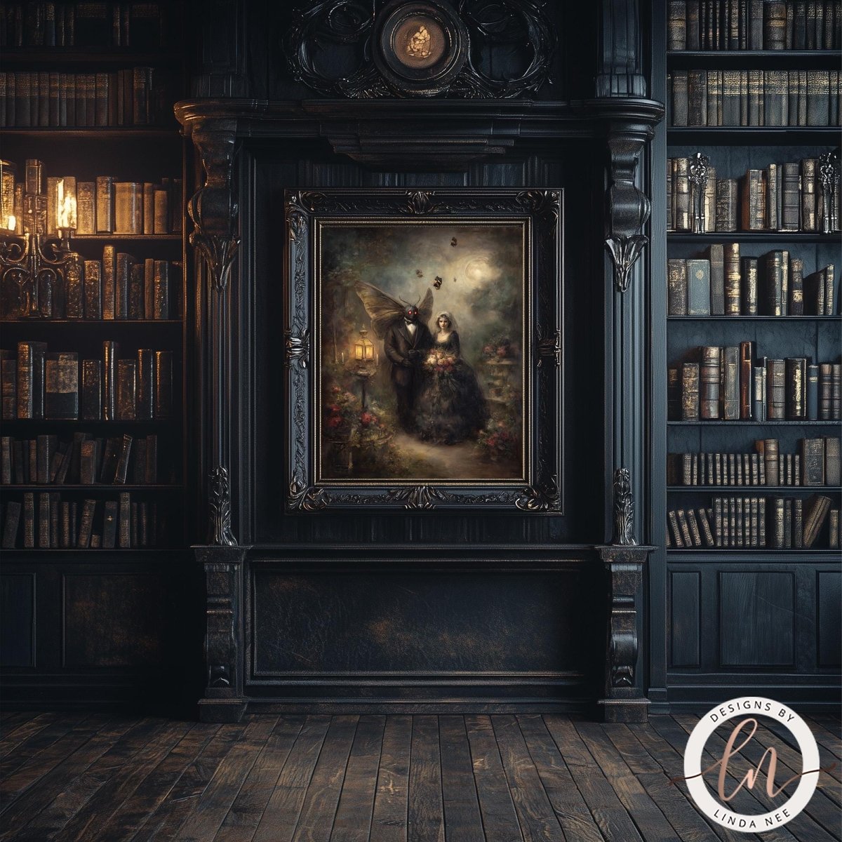a dark, ornate room with a large painting of a woman and a winged creature hanging on the wall. The room is filled with bookshelves, creating a cozy and intellectual atmosphere.