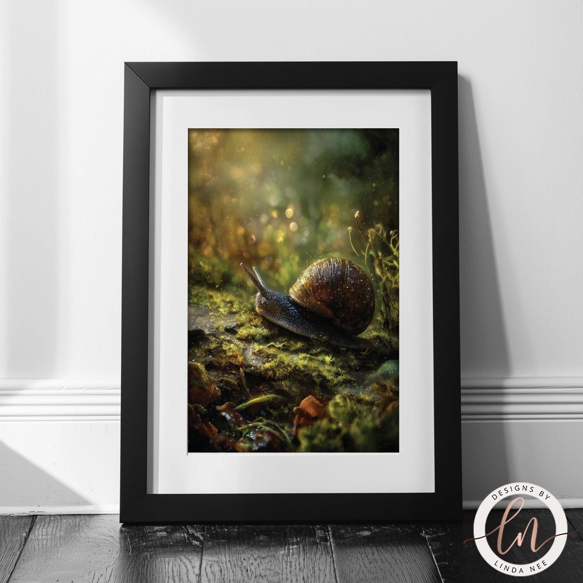 A framed photograph of a snail on a mossy surface, with a blurred background of greenery and light.