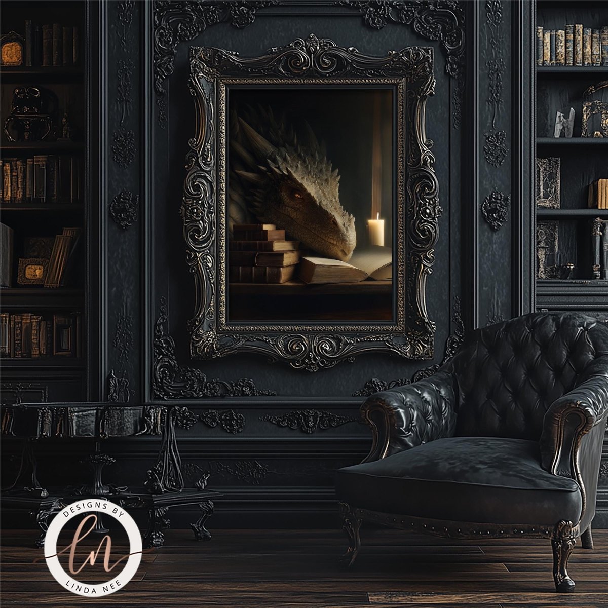 a dark, ornate room with a large, ornate mirror on the wall, a black leather armchair, and a bookshelf filled with books.