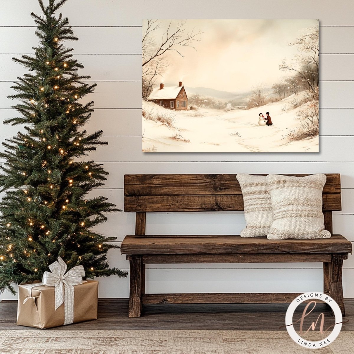 Cabin wall art displayed above a wooden bench beside a lit Christmas tree
