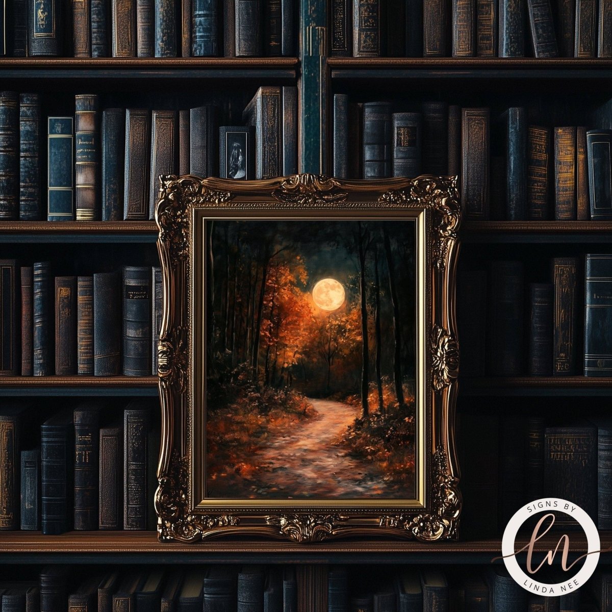 Golden moon over autumn path print displayed on a bookshelf