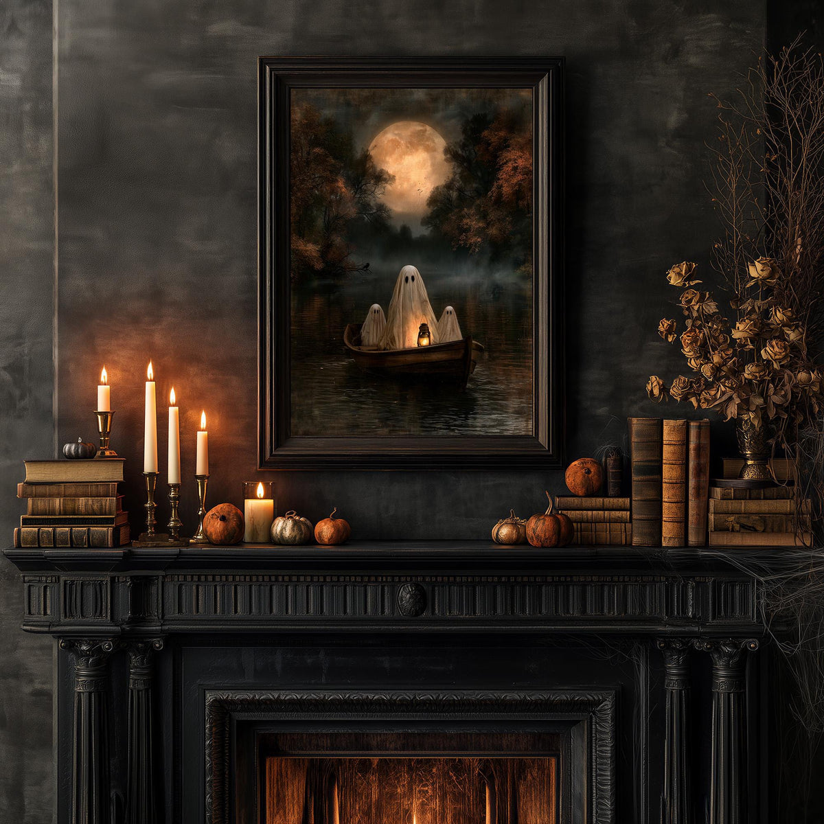 Cozy mantel styled with candles, pumpkins, and books under the moonlit lake print